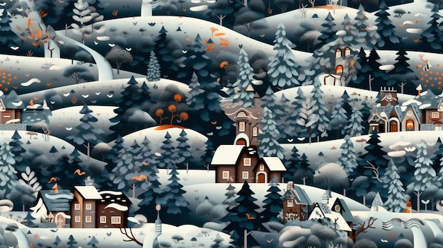 A winter scene with a village in the background.