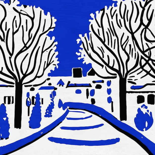 Winter Scenery of Park Landscape Art Hand Painted Ink Printable Square Art