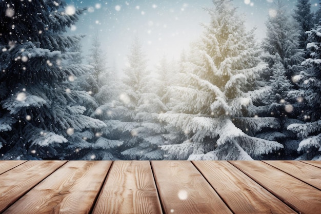 Winter scenic landscape Wooden flooring strewn with snow in forest blurred background Generative AI illustration