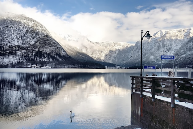 Winter scenic view of village and lake of Hallstatt in the Austrian Alps