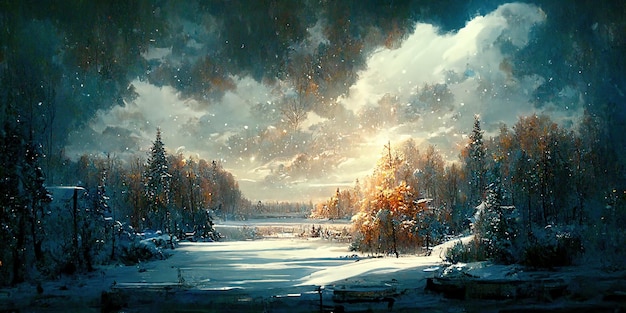 Winter season background. Winter Landcaping. Digital illustration. Painting. Beautiful scenario