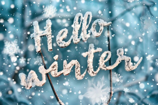 Photo winter season greeting with snowflakes and frostcovered text in a serene setting generative ai