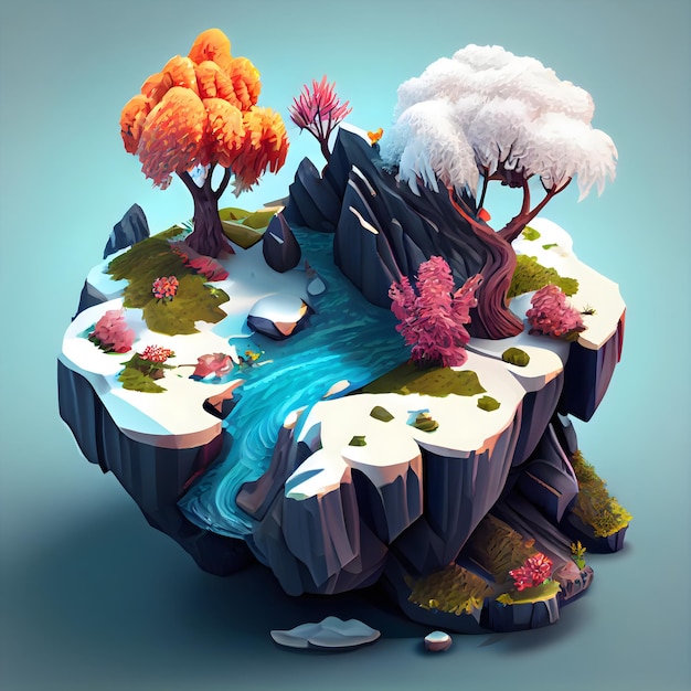 Winter season isometric diorama island generative ai