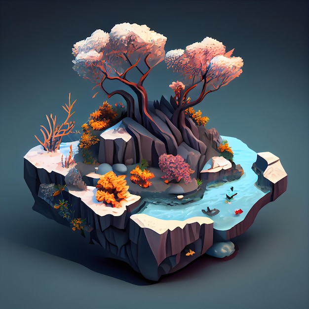 Winter season isometric diorama island generative ai