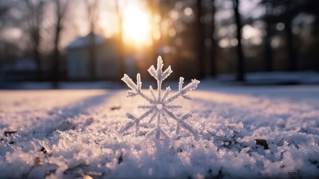 Winter season outdoors landscape snowflake shape in nature on a forest ground covered with ice and