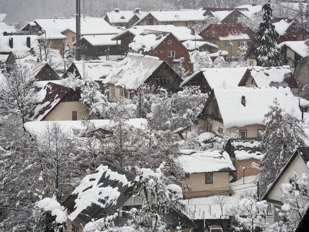 Winter season in village with country houses and cottages. Snowy rural landscape