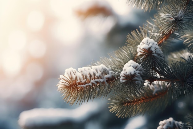 Winter season with snow caps covered branches of pine tree in Christmas festival Generative Ai