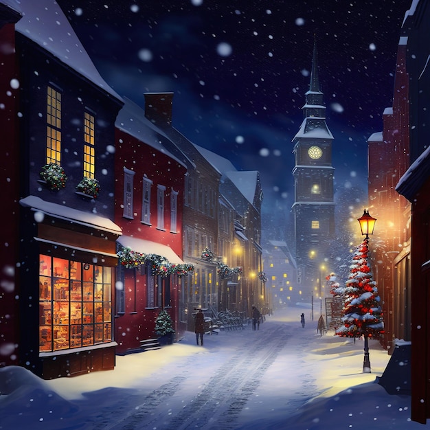 Winter small town night landscape with falling snow 3D illustration