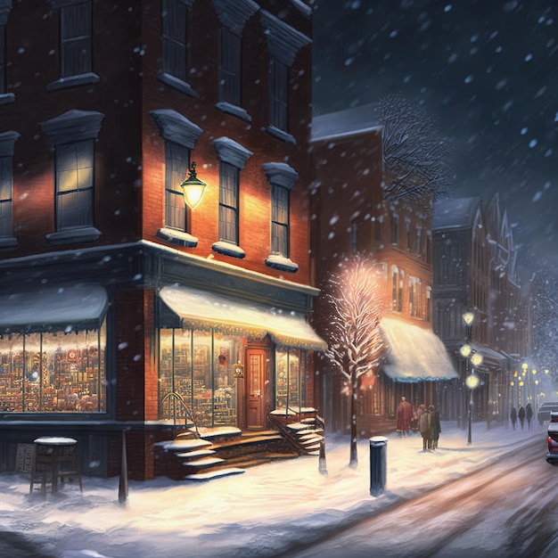 Winter small town night landscape with falling snow Generative AI Not based on any actual scene