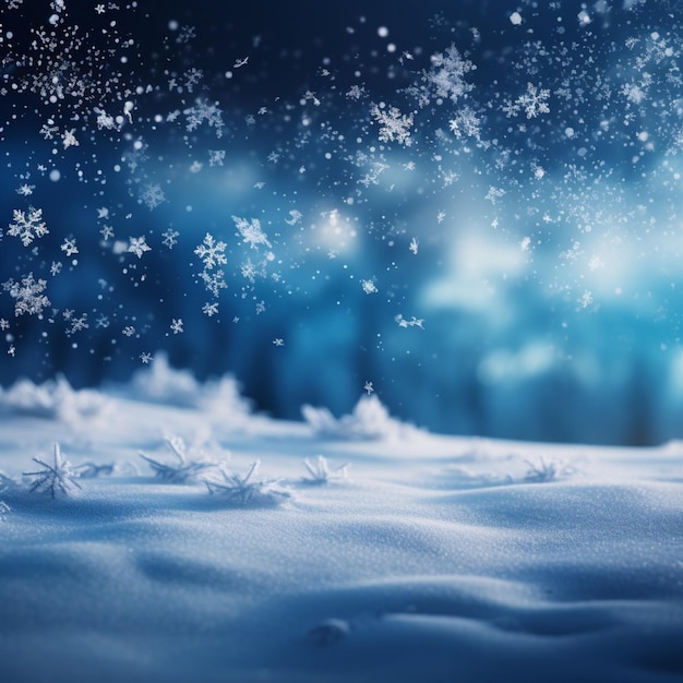 Winter snow background with snowdrifts with beautiful light and snow flakes on the blue sky in the