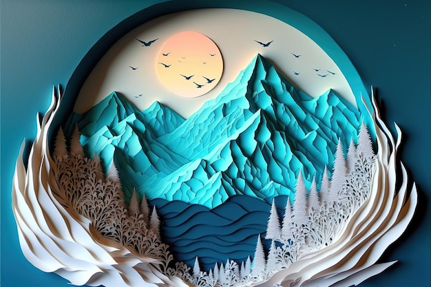 Winter snow capped mountains leyered paper cut style Generative AI illustration