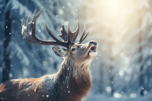 Photo in the winter snow a deer stares at the sky with golden light