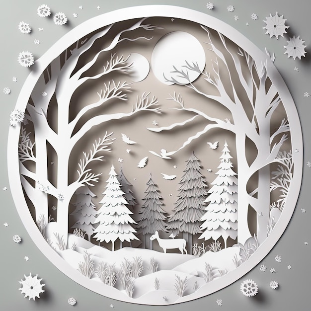 Winter snow forest landscape paper cut 3D illustration