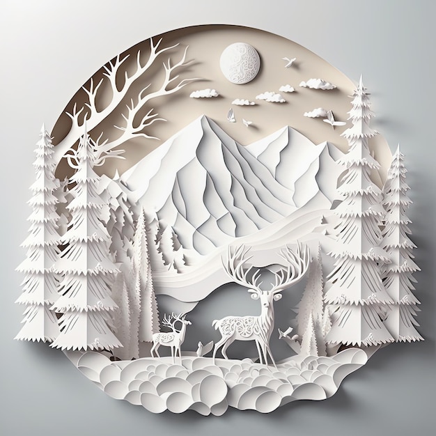 Winter snow forest landscape paper cut 3D illustration