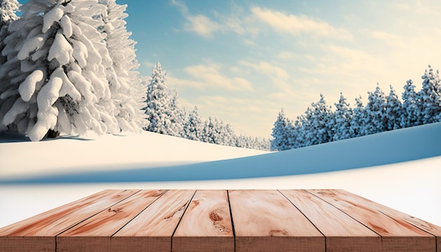 Winter snow landscape with wooden table in front