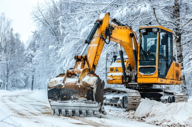 winter snow removal on the road with an excavator