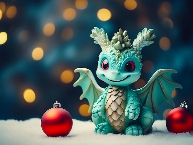 Winter snowing super cute cartoon dragon on Christmas background generated ia