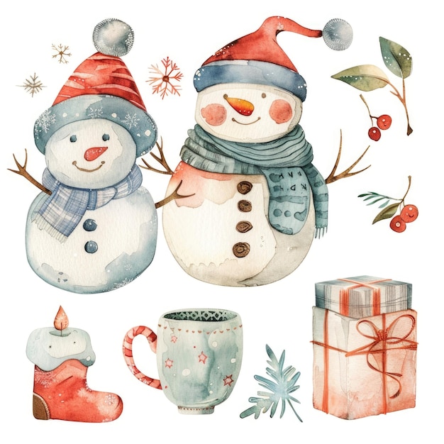 Winter Snowman Illustration with Festive Decor Elements