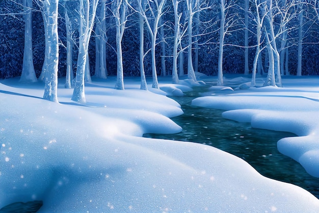 Winter Snowy Fairytale Forest River in Moonlight 3D Artwork Nature Background