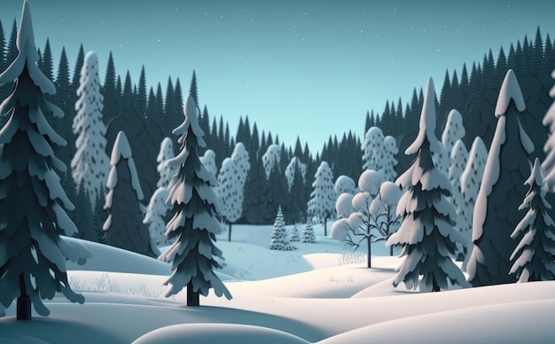 A winter snowy forest cartoon background illustrations for kids cartoon style ai generated