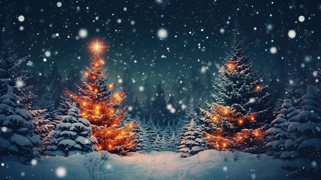 Winter snowy forest with Christmas tree decorated with lights