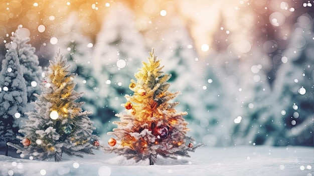 Winter snowy forest with Christmas tree decorated with lights