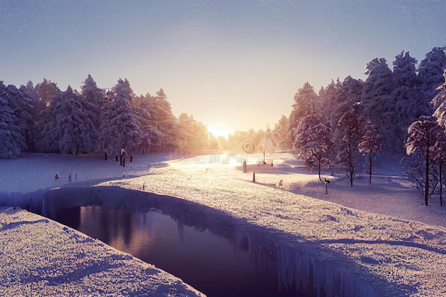 Winter snowy park Frosty sunset  3d rendering. Raster illustration.