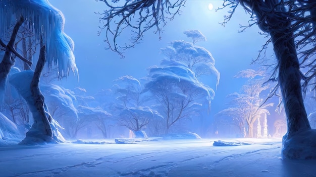 Winter snowy park Trees in the snow a frozen river snowdrifts and ice Fantasy winter landscape Frosty sunset 3D illustration