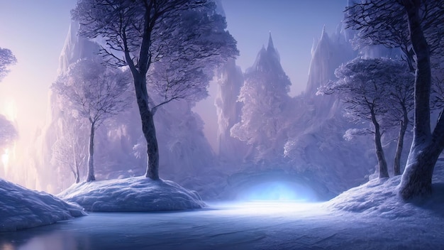 Winter snowy park Trees in the snow a frozen river snowdrifts and ice Fantasy winter landscape Frosty sunset 3D illustration