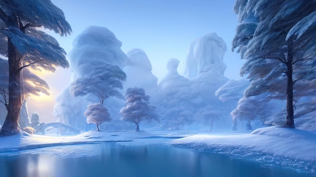 Winter snowy park Trees in the snow a frozen river snowdrifts and ice Fantasy winter landscape Frosty sunset 3D illustration