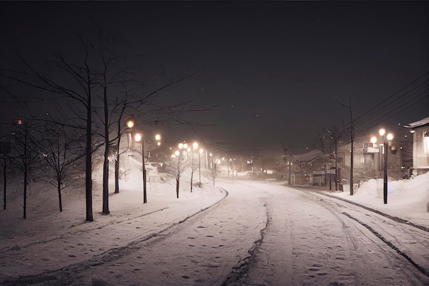 Winter snowy small cozy street with lights in houses, falling snow town night landscape.