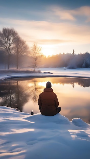 Photo winter solitude meditation by a frozen pond