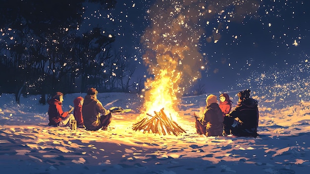 Photo winter solstice bonfire gathering animestyle illustration for poster or novel