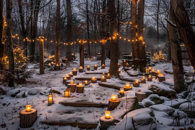 Photo winter solstice celebration in forest clearing with yule log ceremony