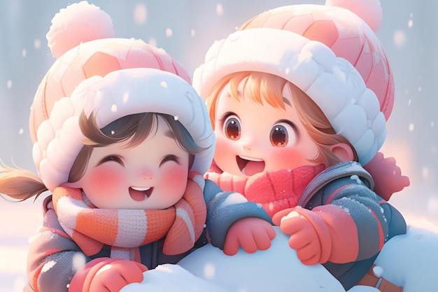 Winter solstice children having snowball fight outdoors 3D scene concept illustration