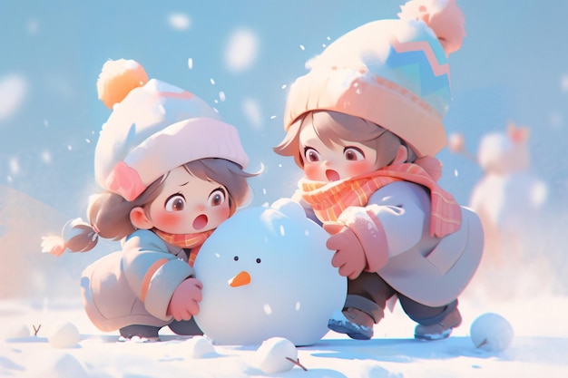 Winter solstice children having snowball fight outdoors 3D scene concept illustration