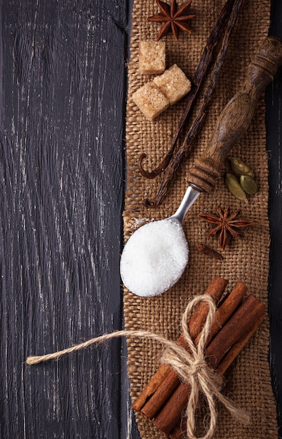 Winter spices cinnamon, anise, cardamom, vanilla. Selective focus