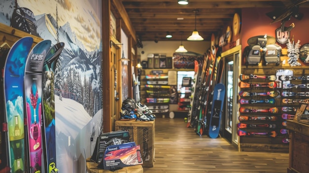 A winter sports store snowboards and skis artfully leaning against a wall with a mountain mural