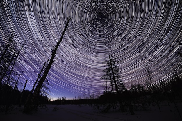 Winter starry night landscape with circle star trails