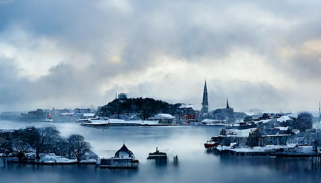 Winter in Stavanger Norway island ocean mountain house with cloudy sky