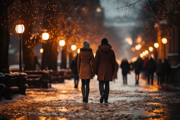 The winter street comes alive with the blur of festive pedestrians a canvas of holiday spirit in motion