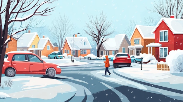 Photo winter suburban street red house and snowy landscape with teen welcoming friends