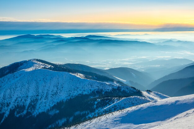 Winter sunny day at the top of the mountain. Many mountain peaks surrounded by light fog