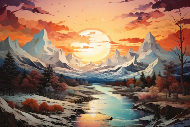 Winter Sunrise over Mountains Generative AI