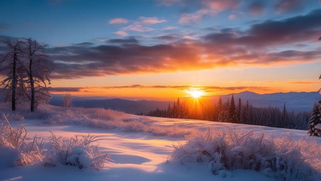 Photo winter sunrise snow covered landscape distant mountain range