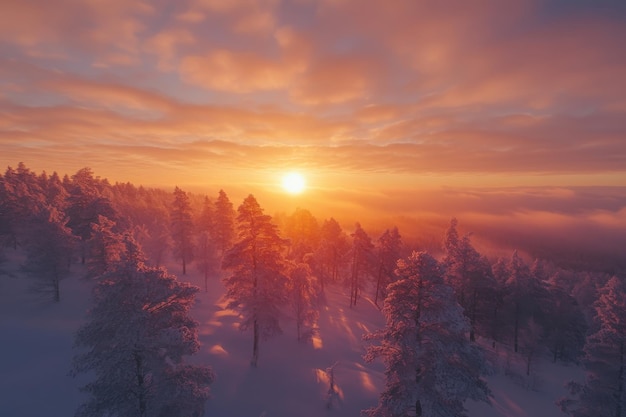 Winter sunrise over snowcovered forest with vibrant colors and misty horizon