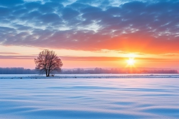 Winter sunrise over snowy landscape background