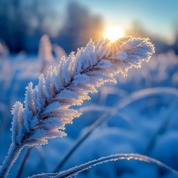 Photo winter sunrise with frost covered plant macro photo