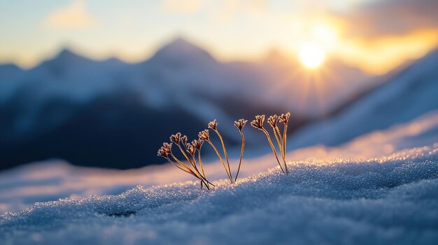 Winter sunrise with wildflowers growing through the snow in the mountains