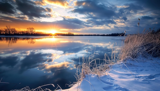 Winter Sunset on Frozen Lake with Reeds